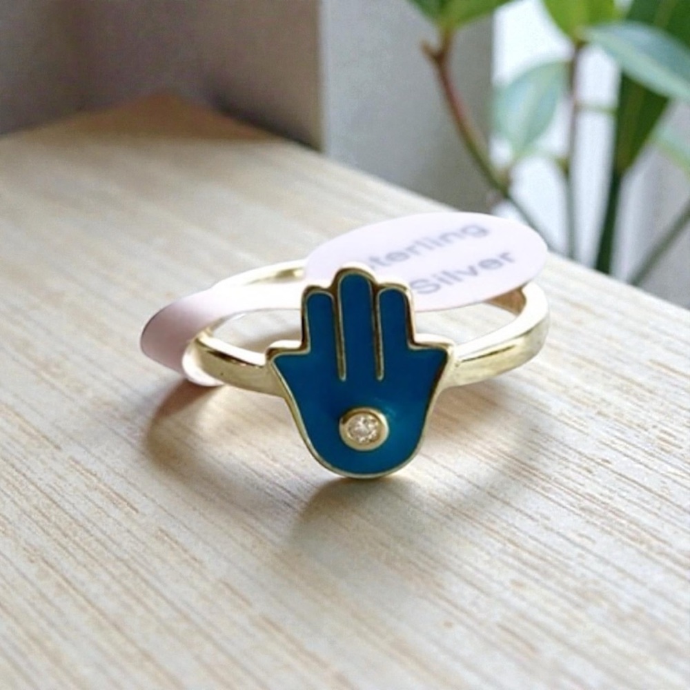 🆕 14k Gold Plated Sterling Silver Enamel CZ Hamsa Ring